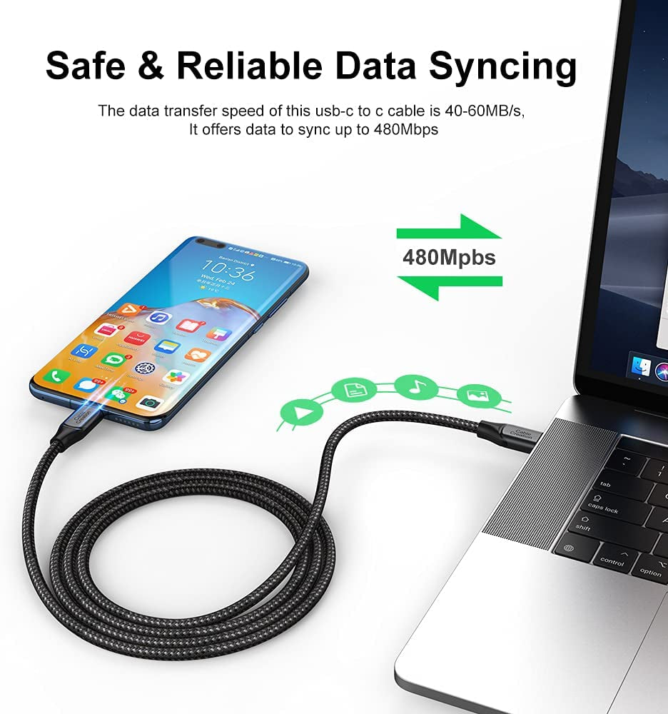 Durable USB C Cable 10 FT 100W 5A/20V, USB C to C Cable, Braided Type C Fast Charging Cable 480Mbps Data for Macbook Pro Ipad Air XPS Galaxy S22 Ultra and Other USB-C Devices 3M Gray