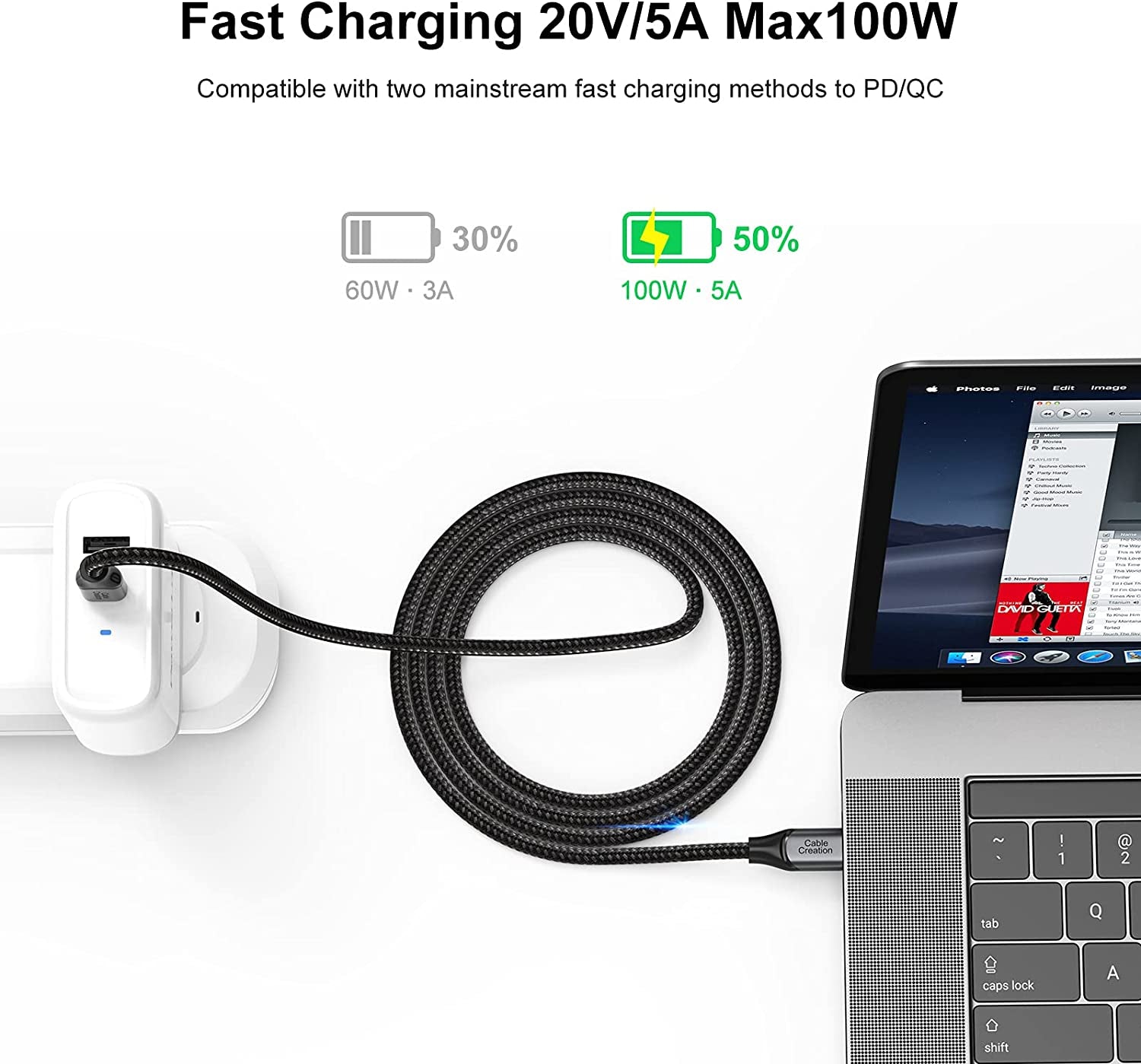 Durable USB C Cable 10 FT 100W 5A/20V,  USB C to C Cable, Braided Type C Fast Charging Cable 480Mbps Data for Macbook Pro Ipad Air XPS Galaxy S22 Ultra and Other USB-C Devices 3M Gray