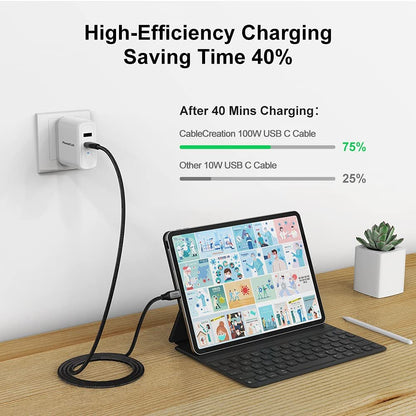 Durable USB C Cable 10 FT 100W 5A/20V,  USB C to C Cable, Braided Type C Fast Charging Cable 480Mbps Data for Macbook Pro Ipad Air XPS Galaxy S22 Ultra and Other USB-C Devices 3M Gray